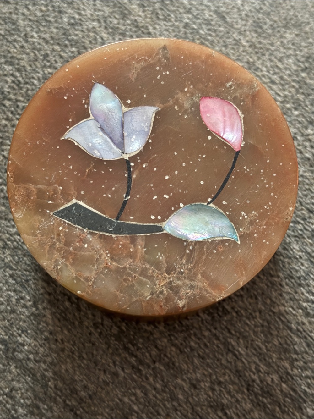 Handcrafted Soapstone Trinket Box with Mother of Pearl Inlay